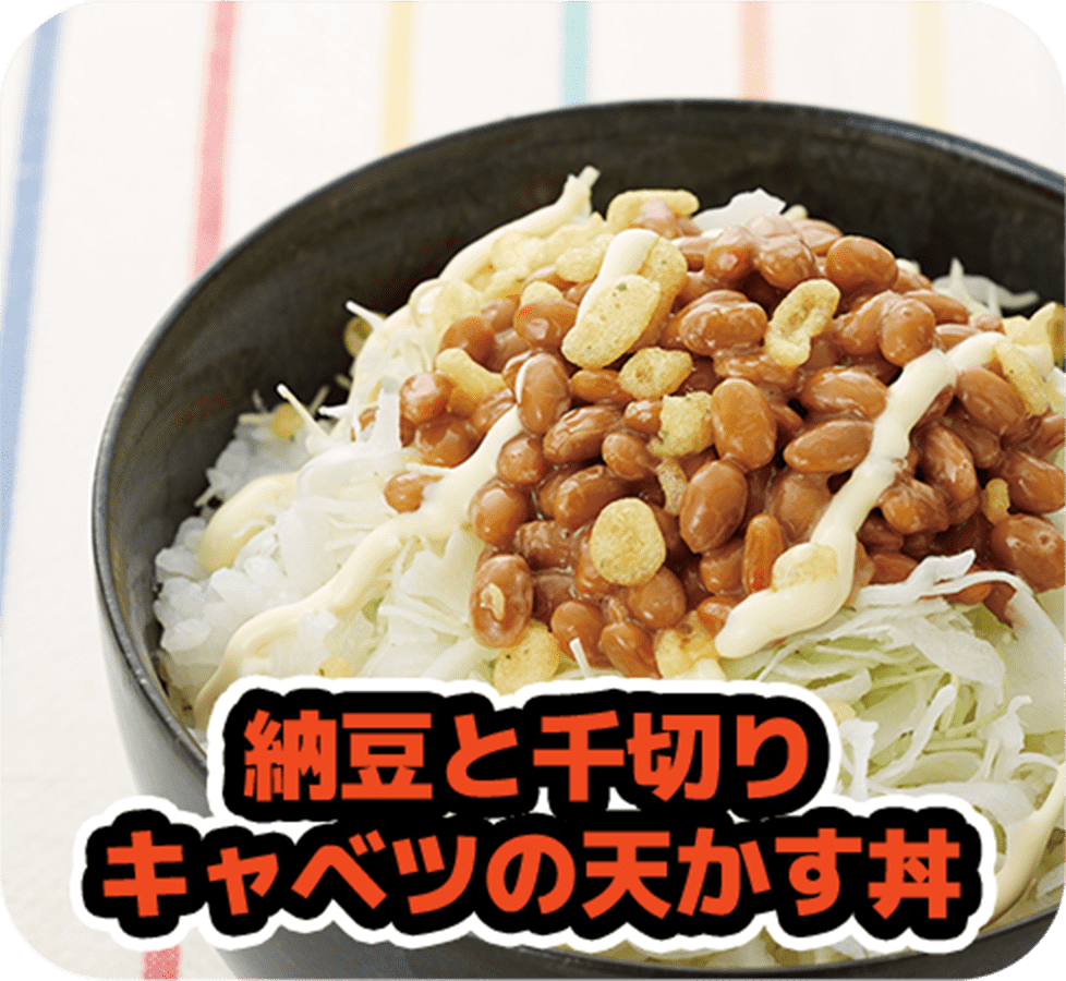 納豆と千切りキャベツの天かす丼