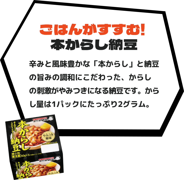 ごはんがすすむ！本からし納豆。辛みと風味豊かな「本からし」と納豆の旨みの調和にこだわった、からしの刺激がやみつきになる納豆です。からし量は1パックにたっぷり2グラム。