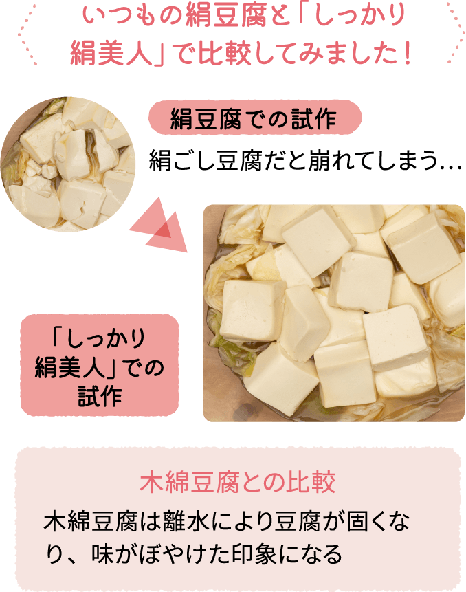 いつもの絹豆腐と「しっかり絹美人」で比較してみました！